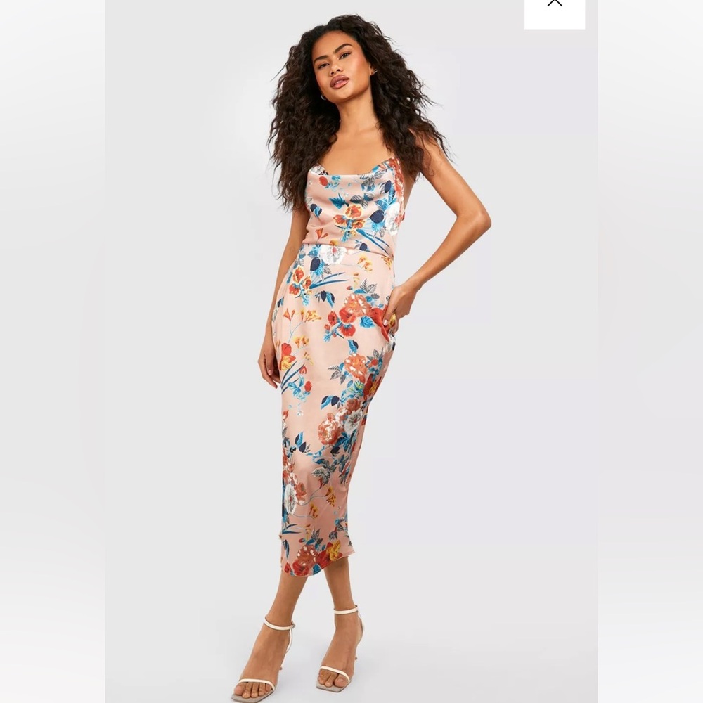 BOOHOO satin floral cowl neck slip dress